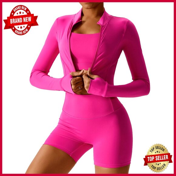 3-Piece Seamless Workout Set High Waisted Shorts Crop Top Jacket